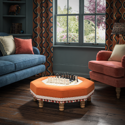 Cadora Octagonal Ottoman 80cm (31.5") with Chess Board Inlay in Linwood Romney Wool Ember - Top Edge Self Piped - 12.7cm (5") Turned Leg Oak - Customers Own Trim