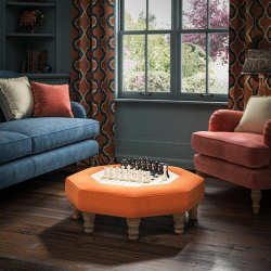 Cadora Octagonal Ottoman 80cm (31.5") with Chess Board Inlay in Linwood Romney Wool Ember - Top Edge Self Piped - 12.7cm (5") Turned Leg Oak - No Trim