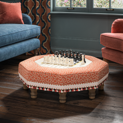 Cadora Octagonal Ottoman 80cm (31.5") with Chess Board Inlay in Linwood Tango Weaves Carmine - Top Edge Backtacked - 12.7cm (5") Turned Leg Oak - Customers Own Trim