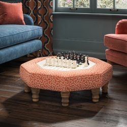 Cadora Octagonal Ottoman 80cm (31.5") with Chess Board Inlay in Linwood Tango Weaves Carmine - Top Edge Backtacked - 12.7cm (5") Turned Leg Oak - No Trim