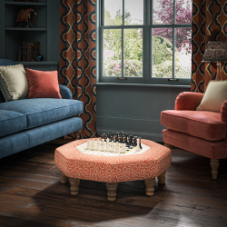 Cadora Octagonal Ottoman 80cm (31.5") with Chess Board Inlay in Linwood Tango Weaves Carmine - Top Edge Backtacked - 12.7cm (5") Turned Leg Oak - No Trim