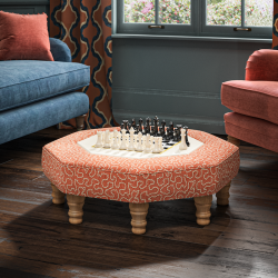 Cadora Octagonal Ottoman 80cm (31.5") with Chess Board Inlay in Linwood Tango Weaves Carmine - Top Edge Self Piped - 12.7cm (5") Turned Leg Oak - No Trim