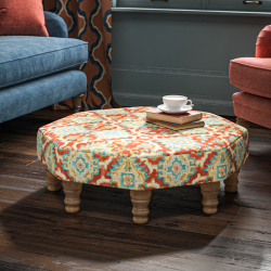 Warmley Octagonal Ottoman 80cm (31.5") in Linwood Kami Chilli - Top Edge Backtacked - 12.7cm (5") Turned Leg Oak - No Trim