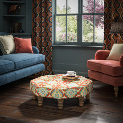 Warmley Octagonal Ottoman 80cm (31.5") in Linwood Kami Chilli - Top Edge Self Piped - 12.7cm (5") Turned Leg Oak - No Trim