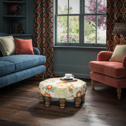 Warmley Octagonal Ottoman 60cm (24") in Rapture & Wright Persephone Burnt Sienna - Top Edge Backtacked - 12.7cm (5") Turned Leg Oak - No Trim