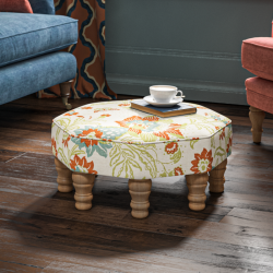 Warmley Octagonal Ottoman 60cm (24") in Rapture & Wright Persephone Burnt Sienna - Top Edge Self Piped - 12.7cm (5") Turned Leg Oak - No Trim