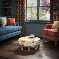 Warmley Octagonal Ottoman 60cm (24") in Rapture & Wright Persephone Burnt Sienna - Top Edge Self Piped - 12.7cm (5") Turned Leg Oak - No Trim