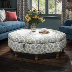 Delamere Octagonal Storage Ottoman 121cm (48") with Arabescato Italian Marble Inlay in Charlotte Gaisford Sharanshar Storm - Top Edge Backtacked - 12.7cm (5") Turned Leg Oak - No Trim