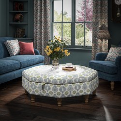 Delamere Octagonal Storage Ottoman 121cm (48") with Arabescato Italian Marble Inlay in Charlotte Gaisford Sharanshar Storm - Top Edge Backtacked - 12.7cm (5") Turned Leg Oak - No Trim