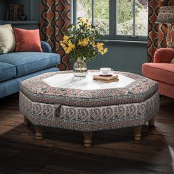 Delamere Octagonal Storage Ottoman 121cm (48") with Arabescato Italian Marble Inlay in Ian Sanderson Mallow Border Cortez - Top Edge Self Piped - 12.7cm (5") Turned Leg Oak - No Trim