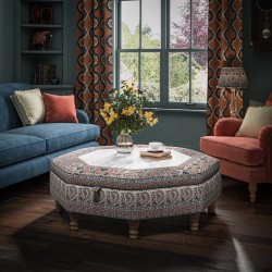 Delamere Octagonal Storage Ottoman 121cm (48") with Arabescato Italian Marble Inlay in Ian Sanderson Mallow Border Cortez - Top Edge Self Piped - 12.7cm (5") Turned Leg Oak - No Trim