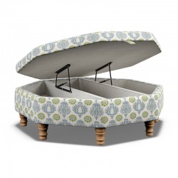 Delamere Octagonal Storage Ottoman 121cm (48") with Arabescato Italian Marble Inlay in Charlotte Gaisford Sharanshar Storm - Top Edge Backtacked - 12.7cm (5") Turned Leg Oak - No Trim
