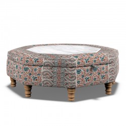 Delamere Octagonal Storage Ottoman 121cm (48") with Arabescato Italian Marble Inlay in Ian Sanderson Mallow Border Cortez - Top Edge Self Piped - 12.7cm (5") Turned Leg Oak - No Trim