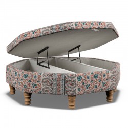 Delamere Octagonal Storage Ottoman 121cm (48") with Arabescato Italian Marble Inlay in Ian Sanderson Mallow Border Cortez - Top Edge Self Piped - 12.7cm (5") Turned Leg Oak - No Trim