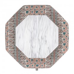 Delamere Octagonal Storage Ottoman 121cm (48") with Arabescato Italian Marble Inlay in Ian Sanderson Mallow Border Cortez - Top Edge Self Piped - 12.7cm (5") Turned Leg Oak - No Trim