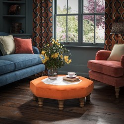 Cadora Octagonal Ottoman 80cm (31.5") with Arabescato Italian Marble Inlay in Linwood Romney Wool Ember - Top Edge Self Piped - 12.7cm (5") Turned Leg Oak - No Trim Cadora Octagonal Ottoman 80cm (31.5") with Arabescato Italian Marble Inlay in Linwood Romney Wool Ember - Top Edge Self Piped - 12.7cm (5") Turned Leg Oak - No Trim