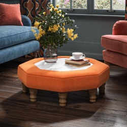 Cadora Octagonal Ottoman 80cm (31.5") with Arabescato Italian Marble Inlay in Linwood Romney Wool Ember - Top Edge Backtacked - 12.7cm (5") Turned Leg Oak - No Trim Cadora Octagonal Ottoman 80cm (31.5") with Arabescato Italian Marble Inlay in Linwood Romney Wool Ember - Top Edge Backtacked - 12.7cm (5") Turned Leg Oak - No Trim
