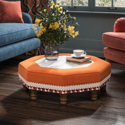 Cadora Octagonal Ottoman 80cm (31.5") with Arabescato Italian Marble Inlay in Linwood Romney Wool Ember - Top Edge Backtacked - 12.7cm (5") Turned Leg Oak - Customers Own Trim Cadora Octagonal Ottoman 80cm (31.5") with Arabescato Italian Marble Inlay in Linwood Romney Wool Ember - Top Edge Backtacked - 12.7cm (5") Turned Leg Oak - Customers Own Trim