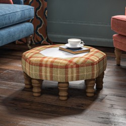 Cadora Octagonal Ottoman 60cm (24") with Arabescato Italian Marble Inlay in Moon Wool Threshfield Agate - Top Edge Backtacked - 12.7cm (5") Turned Leg Oak - No Trim