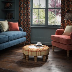 Cadora Octagonal Ottoman 60cm (24") with Arabescato Italian Marble Inlay in Moon Wool Threshfield Agate - Top Edge Backtacked - 12.7cm (5") Turned Leg Oak - No Trim