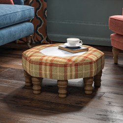 Cadora Octagonal Ottoman 60cm (24") with Arabescato Italian Marble Inlay in Moon Wool Threshfield Agate - Top Edge Self Piped - 12.7cm (5") Turned Leg Oak - No Trim