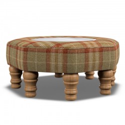 Cadora Octagonal Ottoman 60cm (24") with Arabescato Italian Marble Inlay in Moon Wool Threshfield Agate - Top Edge Self Piped - 12.7cm (5") Turned Leg Oak - No Trim