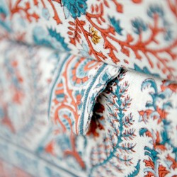 Delamere Octagonal Storage Ottoman 121cm (48") with Arabescato Italian Marble Inlay in Ian Sanderson Mallow Border Cortez - Top Edge Backtacked - 12.7cm (5") Turned Leg Oak - No Trim