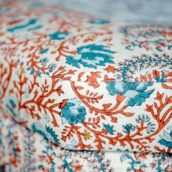 Delamere Octagonal Storage Ottoman 121cm (48") with Arabescato Italian Marble Inlay in Ian Sanderson Mallow Border Cortez - Top Edge Backtacked - 12.7cm (5") Turned Leg Oak - No Trim