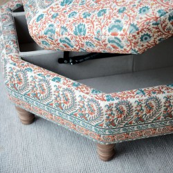 Delamere Octagonal Storage Ottoman 121cm (48") with Arabescato Italian Marble Inlay in Ian Sanderson Mallow Border Cortez - Top Edge Backtacked - 12.7cm (5") Turned Leg Oak - No Trim