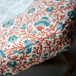 Delamere Octagonal Storage Ottoman 121cm (48") with Arabescato Italian Marble Inlay in Ian Sanderson Mallow Border Cortez - Top Edge Backtacked - 12.7cm (5") Turned Leg Oak - No Trim