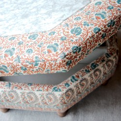 Delamere Octagonal Storage Ottoman 121cm (48") with Arabescato Italian Marble Inlay in Ian Sanderson Mallow Border Cortez - Top Edge Backtacked - 12.7cm (5") Turned Leg Oak - No Trim