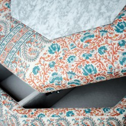 Delamere Octagonal Storage Ottoman 102cm (40") with Arabescato Italian Marble Inlay in Ian Sanderson Mallow Border Cortez - Top Edge Backtacked - 12.7cm (5") Turned Leg Oak - No Trim Delamere Octagonal Storage Ottoman 102cm (40") with Arabescato Italian Marble Inlay in Ian Sanderson Mallow Border Cortez - Top Edge Backtacked - 12.7cm (5") Turned Leg Oak - No Trim