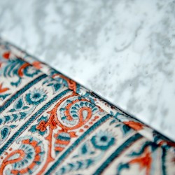 Delamere Octagonal Storage Ottoman 102cm (40") with Arabescato Italian Marble Inlay in Ian Sanderson Mallow Border Cortez - Top Edge Backtacked - 12.7cm (5") Turned Leg Oak - No Trim Delamere Octagonal Storage Ottoman 102cm (40") with Arabescato Italian Marble Inlay in Ian Sanderson Mallow Border Cortez - Top Edge Backtacked - 12.7cm (5") Turned Leg Oak - No Trim