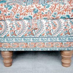 Pembrey Octagonal Storage Ottoman 102cm (40") in Ian Sanderson Mallow Border Cortez - Top Edge Backtacked - 12.7cm (5") Turned Leg Oak - No Trim