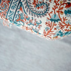 Pembrey Octagonal Storage Ottoman 102cm (40") in Ian Sanderson Mallow Border Cortez - Top Edge Backtacked - 12.7cm (5") Turned Leg Oak - No Trim