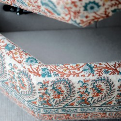 Pembrey Octagonal Storage Ottoman 102cm (40") in Ian Sanderson Mallow Border Cortez - Top Edge Backtacked - 12.7cm (5") Turned Leg Oak - No Trim