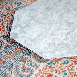 Cadora Octagonal Ottoman 60cm (24") with Marble Inlay in Ian Sanderson Mallow Border Cortez - Top Edge Backtacked - 12.7cm (5") Turned Leg Oak - No Trim