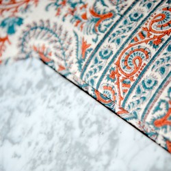 Cadora Octagonal Ottoman 60cm (24") with Marble Inlay in Ian Sanderson Mallow Border Cortez - Top Edge Backtacked - 12.7cm (5") Turned Leg Oak - No Trim