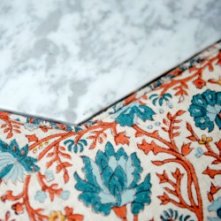 Cadora Octagonal Ottoman 121cm (48") with Marble Inlay in Ian Sanderson Mallow Border Cortez - Top Edge Backtacked - 12.7cm (5") Turned Leg Oak - No Trim