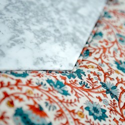 Cadora Octagonal Ottoman 102cm (40") with Marble Inlay in Ian Sanderson Mallow Border Cortez - Top Edge Backtacked - 12.7cm (5") Turned Leg Oak - No Trim