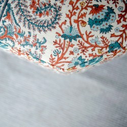 Warmley Octagonal Ottoman 102cm (40") in Ian Sanderson Mallow Border Cortez - Top Edge Backtacked - 12.7cm (5") Turned Leg Oak - No Trim