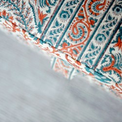 Delamere Octagonal Storage Ottoman 121cm (48") with Chess Board Inlay in Ian Sanderson Mallow Border Cortez - Top Edge Backtacked - 12.7cm (5") Turned Leg Oak - No Trim