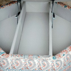 Delamere Octagonal Storage Ottoman 121cm (48") with Chess Board Inlay in Ian Sanderson Mallow Border Cortez - Top Edge Backtacked - 12.7cm (5") Turned Leg Oak - No Trim