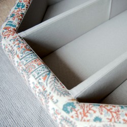 Delamere Octagonal Storage Ottoman 121cm (48") with Glass Inlay in Ian Sanderson Mallow Border Cortez - Top Edge Backtacked - 12.7cm (5") Turned Leg Oak - No Trim