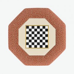 Cadora Octagonal Ottoman 102cm (40") with Chess Board Inlay in Linwood Tango Weaves Carmine - Top Edge Backtacked - 12.7cm (5") Turned Leg Oak - Customers Own Trim