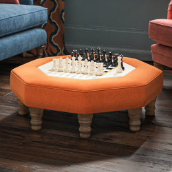 Cadora Octagonal Ottoman 102cm (40") with Chess Board Inlay in Linwood Romney Wool Ember - Top Edge Self Piped - 12.7cm (5") Turned Leg Oak - No Trim