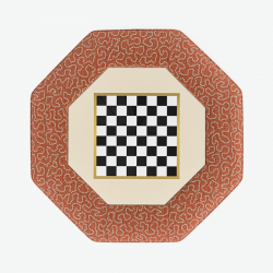 Cadora Octagonal Ottoman 60cm (24") with Chess Board Inlay in Linwood Tango Weaves Carmine - Top Edge Backtacked - 12.7cm (5") Turned Leg Oak - Customers Own Trim