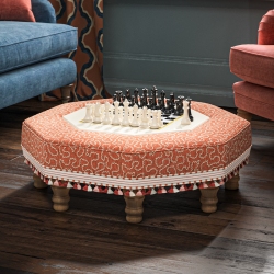 Cadora Octagonal Ottoman 60cm (24") with Chess Board Inlay with Chess Board Inlay in Linwood Tango Weaves Carmine - Top Edge Self Piped - 12.7cm (5") Turned Leg Oak - Customers Own Trim