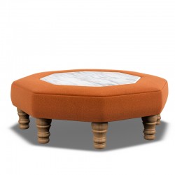 Cadora Octagonal Ottoman 102cm (40") with Marble Inlay in Linwood Romney Wool Ember - Top Edge Backtacked - 12.7cm (5") Turned Leg Oak - No Trim