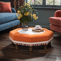 Cadora Octagonal Ottoman 102cm (40") with Marble Inlay in Linwood Romney Wool Ember - Top Edge Piped - 12.7cm (5") Turned Leg Oak - Customers Own Trim
